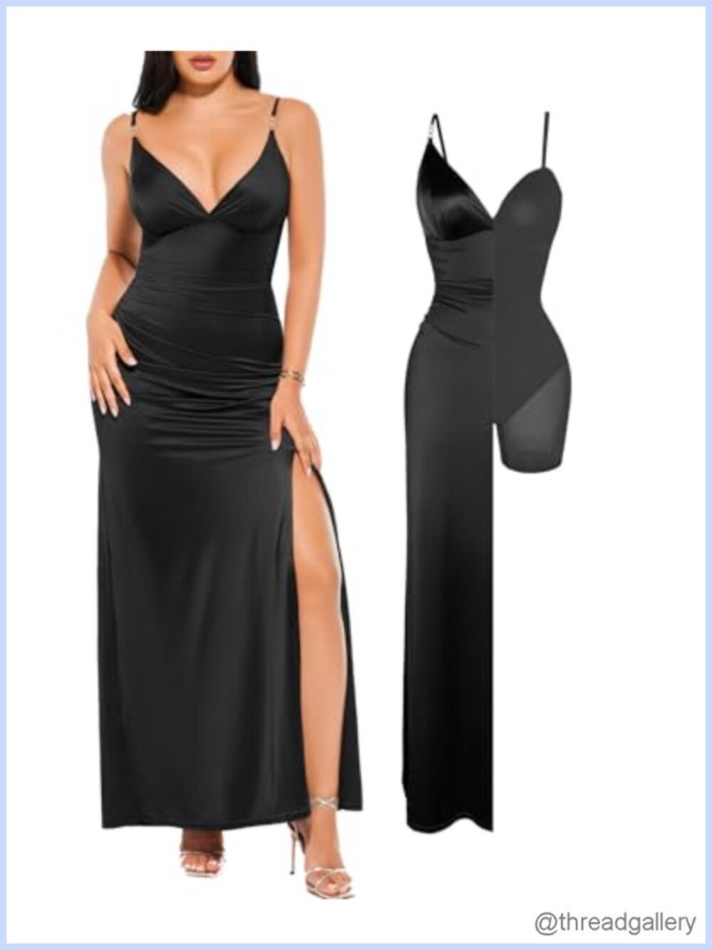 Satin Maxi Dress Formal Cocktail V-Neck Rhinestone Straps Shapewear